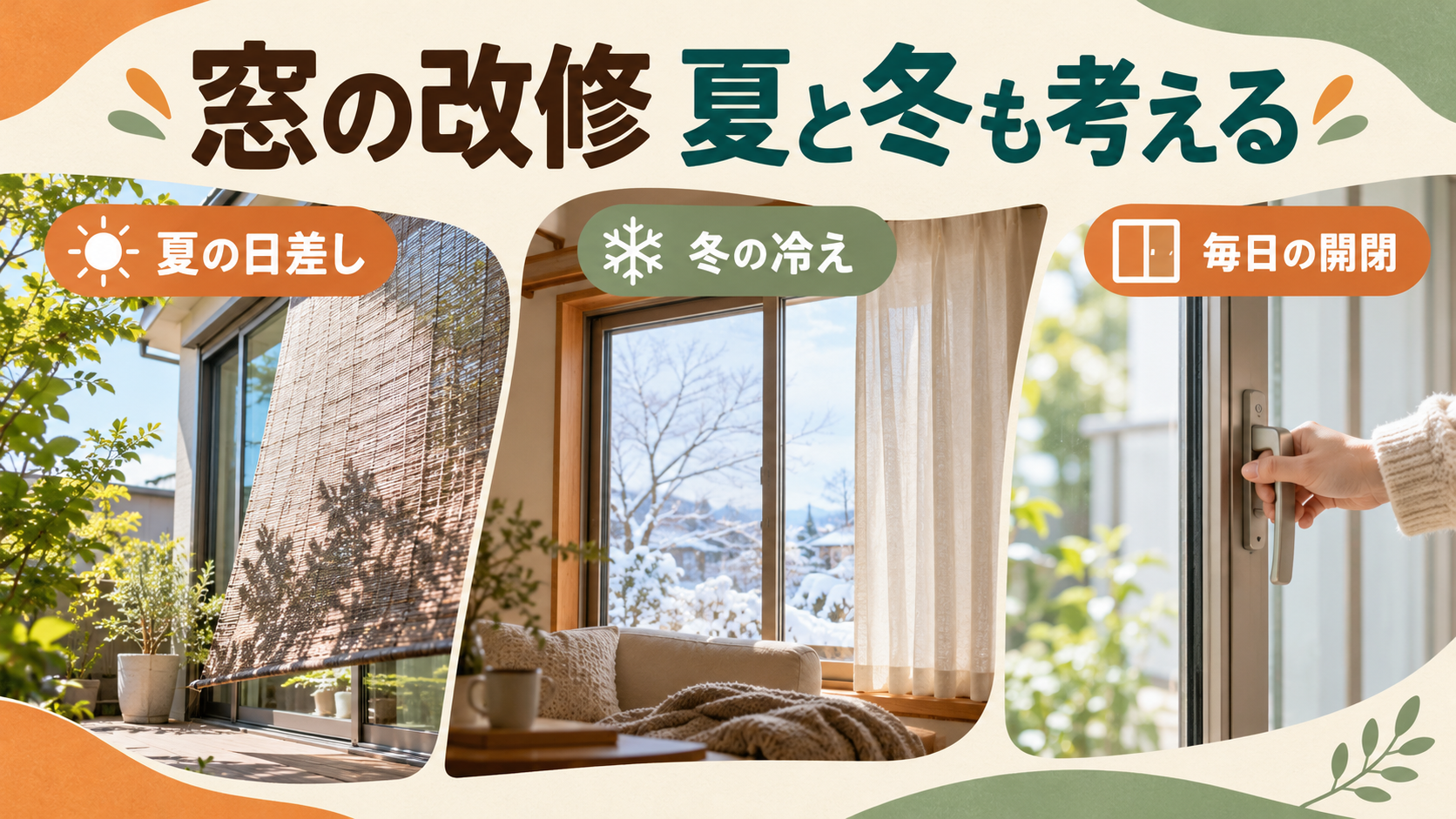 同じ窓の夏の日よけと冬の冷えを比較して改修を考えるイメージ