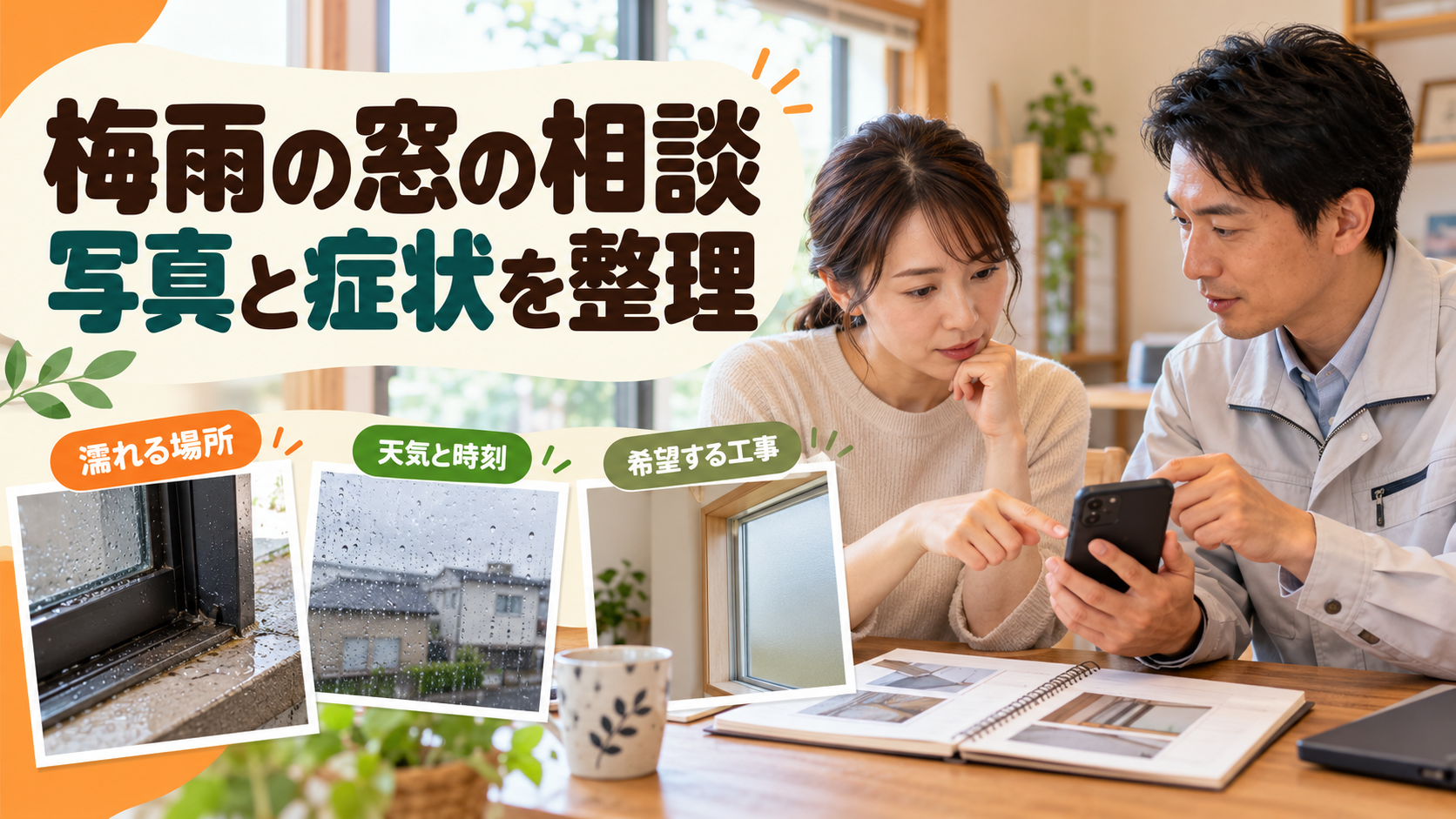 梅雨の窓の写真と症状、希望する工事を相談用にまとめるイメージ