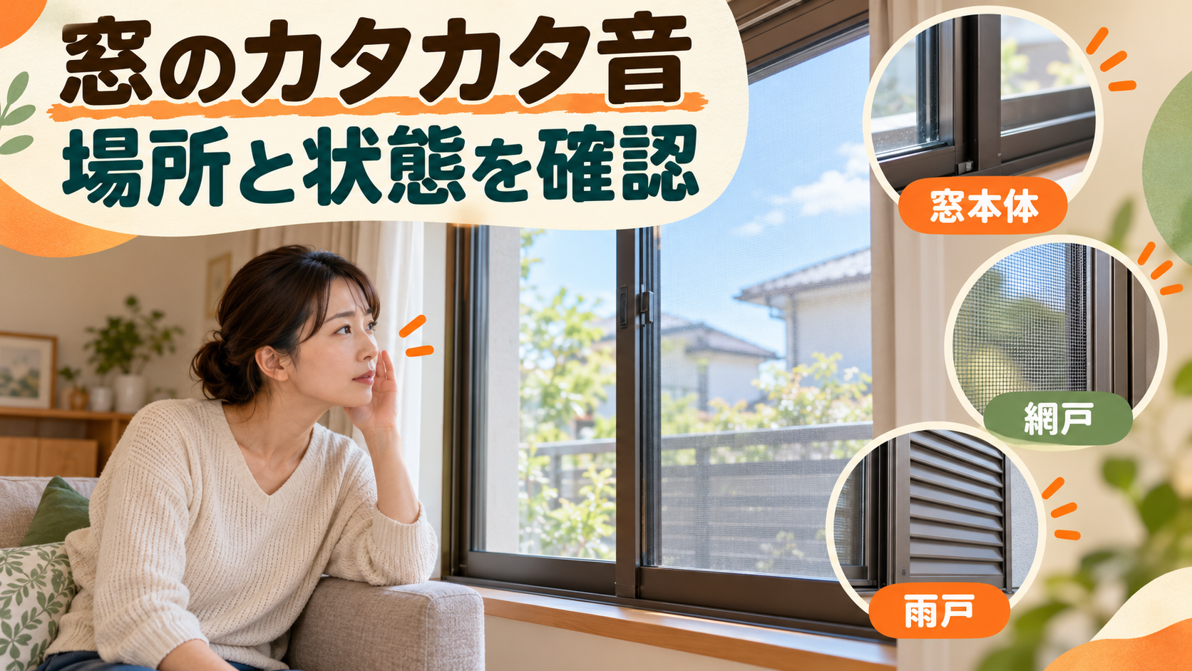 強風が収まった後に室内から窓本体と網戸の音の発生箇所を確認するイメージ