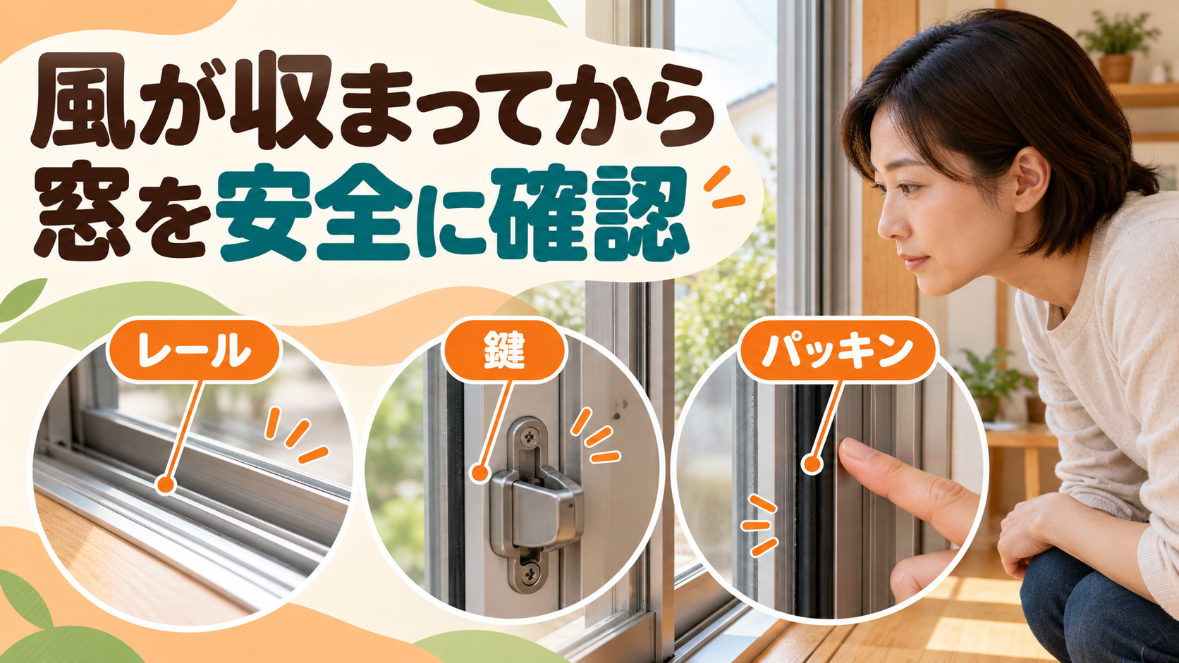 風が収まってから窓のレールと鍵やパッキンを室内で確認するイメージ