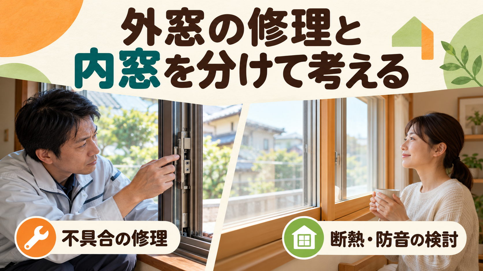 窓の修理と内窓の追加を異なる目的として施工スタッフが説明するイメージ