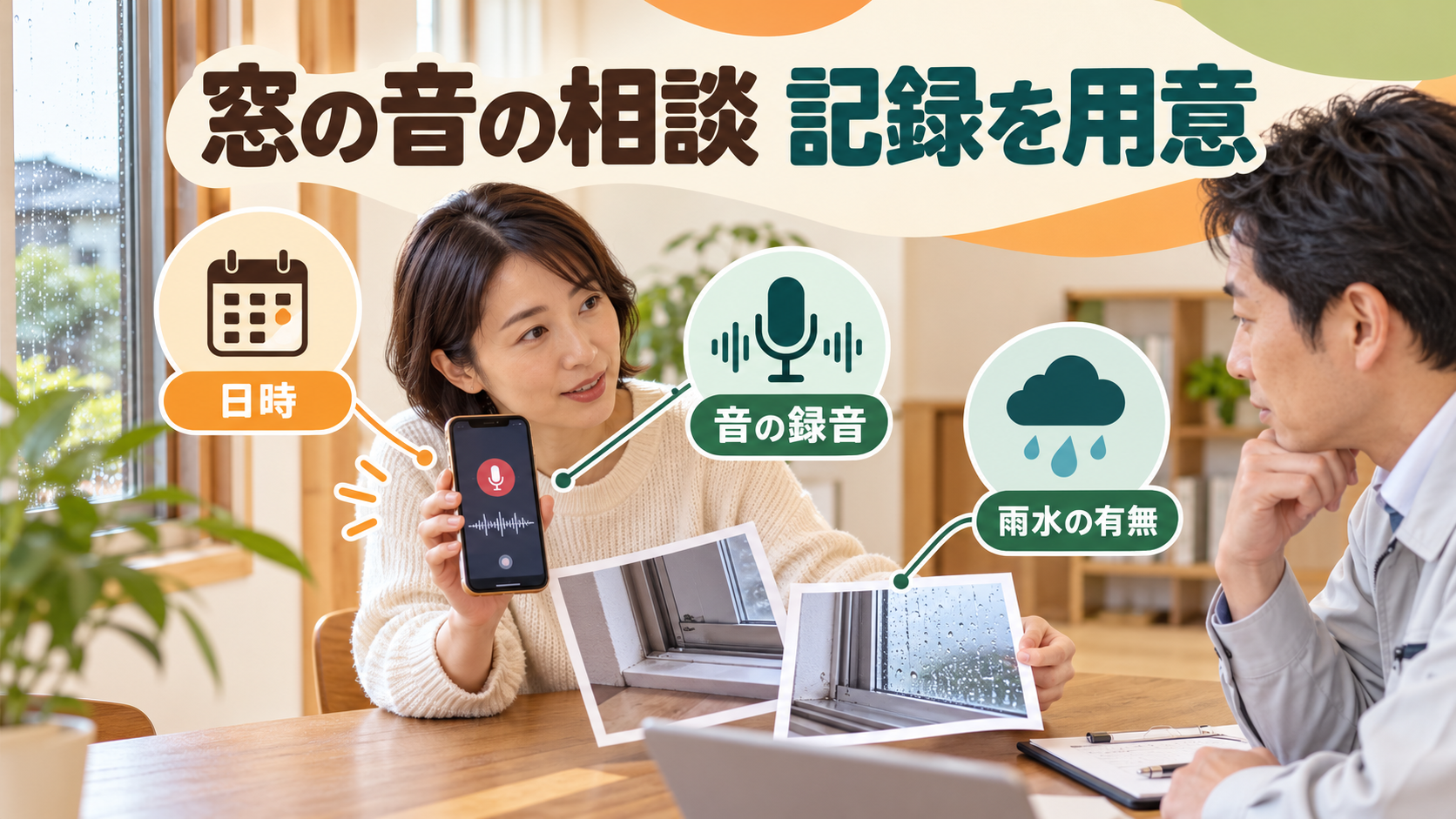 窓の音の録音と日時、雨水の有無を点検依頼用に整理するイメージ