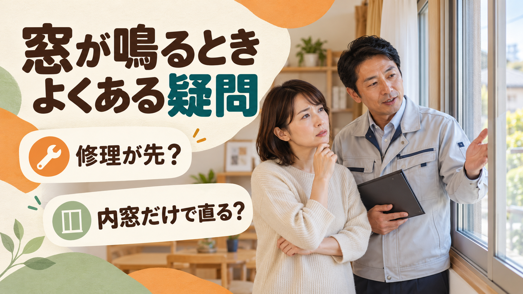 強風で鳴る窓の修理と内窓の効果について施工スタッフに質問するイメージ