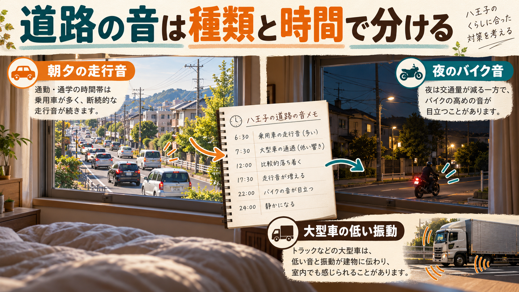 道路沿いの寝室で、朝夕の走行音・夜のバイク音・大型車の低い音を時間帯別に記録するイメージ