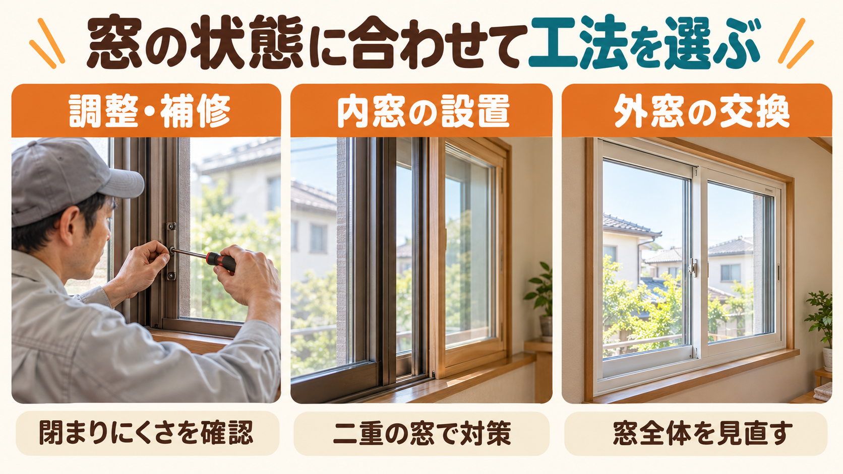窓の閉まりを調整する方法、内窓を追加する方法、外窓を交換する方法の比較