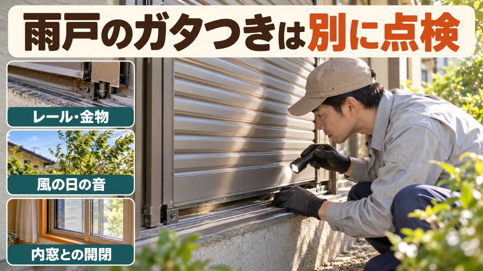 雨戸のレールや金物を点検し、風によるガタつきと道路の音を区別する様子