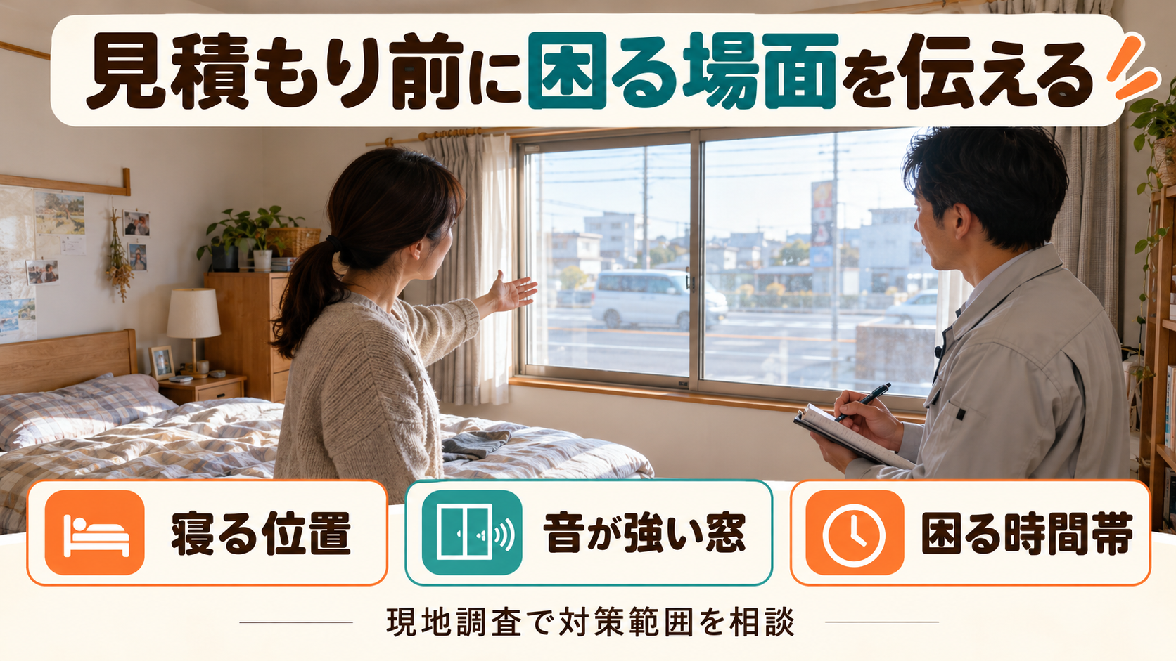 道路沿いの寝室で、寝る位置・音が強い窓・困る時間帯を調査担当者に伝える様子
