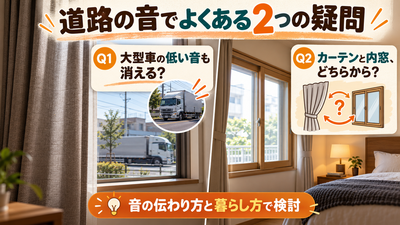 大型車の低い音への対策と、防音カーテン・内窓の選び方に関する質問をまとめた画像