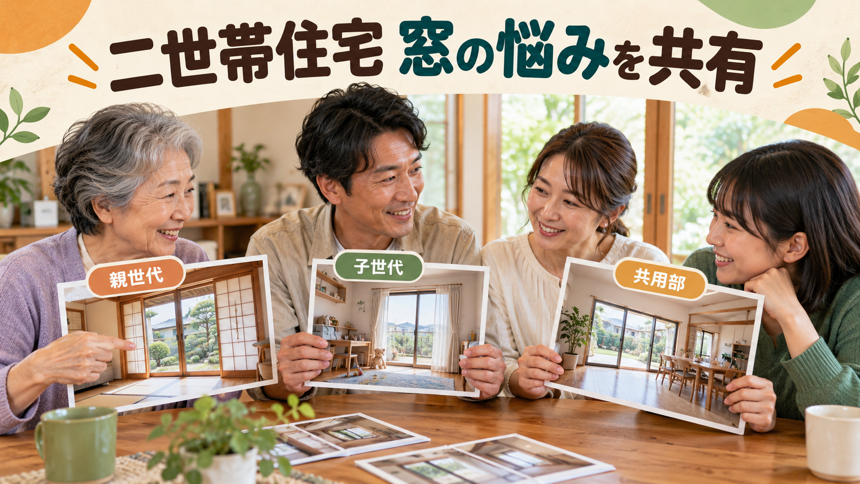 二世帯住宅の親世代と子世代が部屋ごとの窓の悩みを共有するイメージ