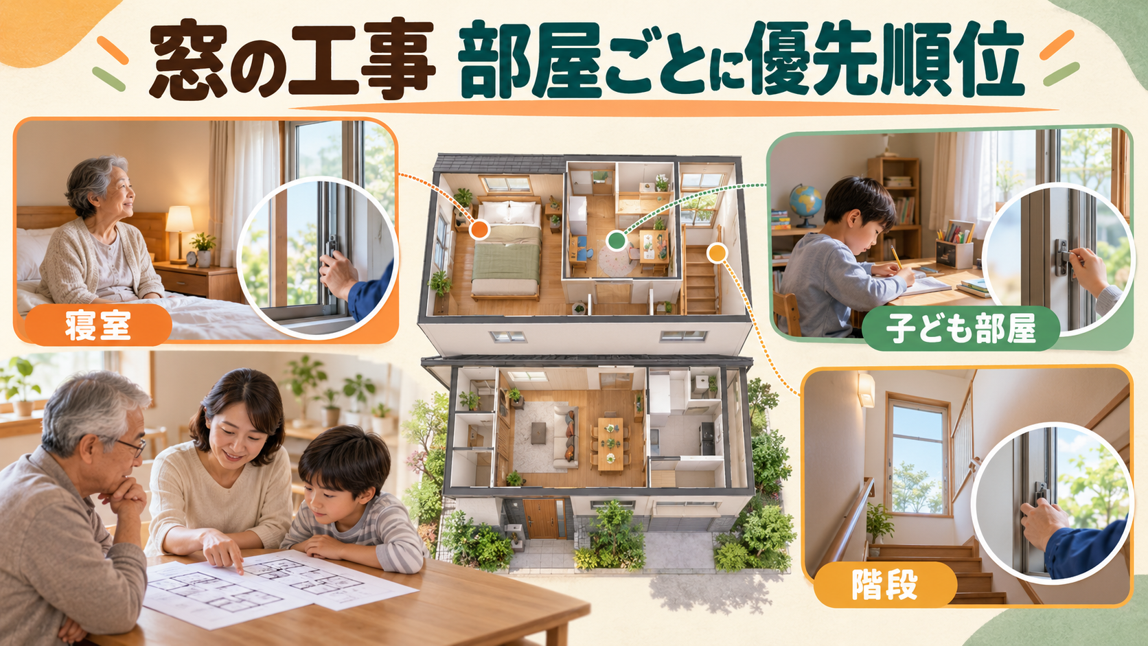 二世帯住宅の寝室や子ども部屋、共用階段の窓の優先順位を整理するイメージ