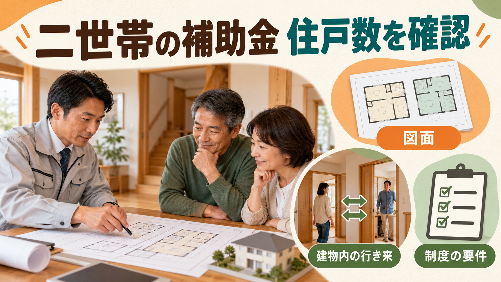 二世帯住宅の図面を登録事業者と見ながら補助制度の住戸数を確認するイメージ