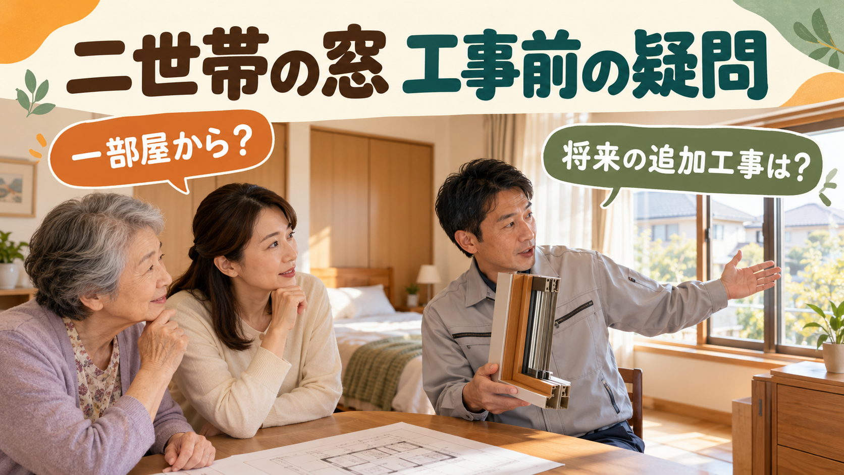 二世帯住宅の家族が窓工事の順番と補助制度の疑問を相談するイメージ