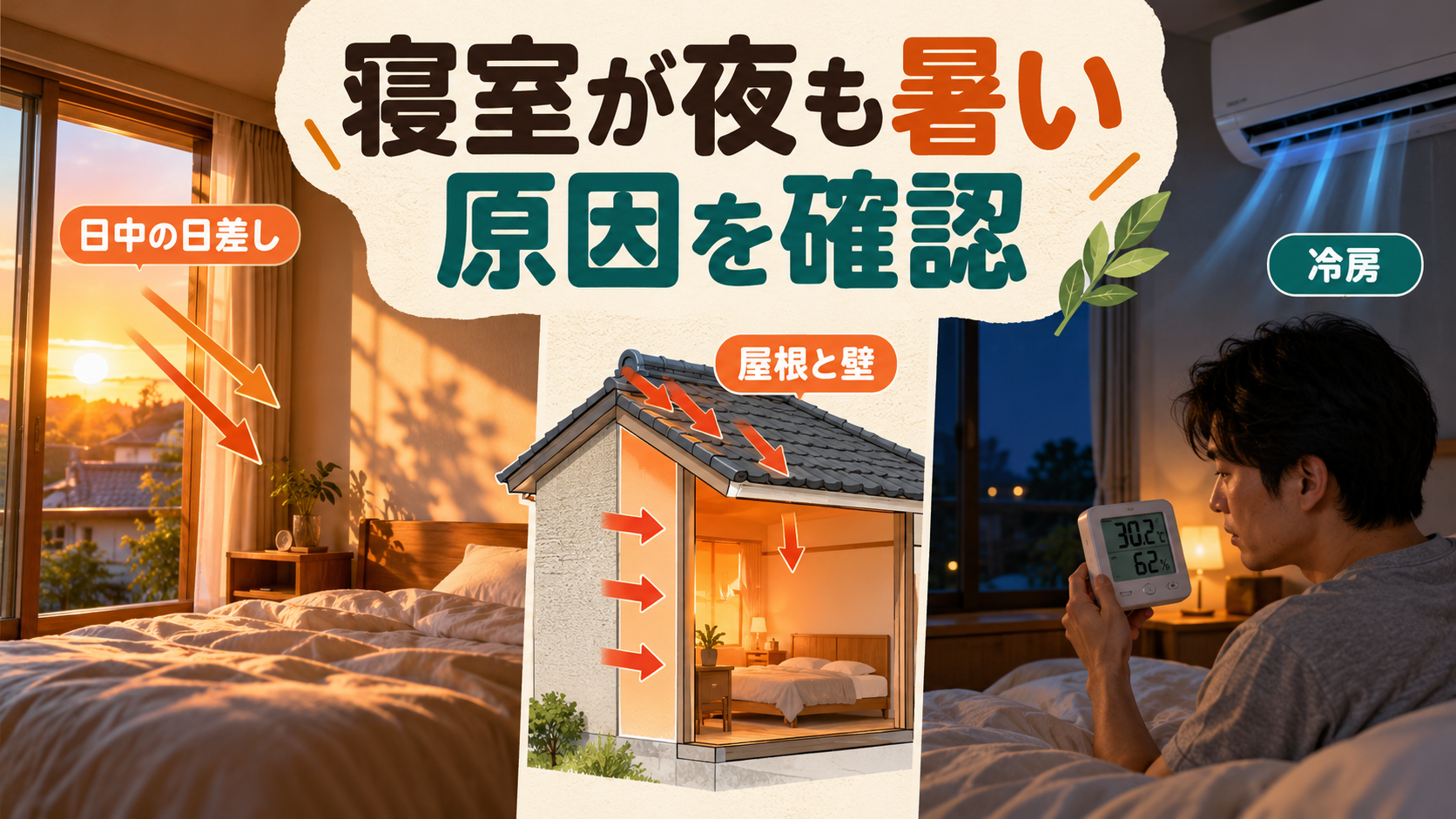 寝室の夕方の日差しと夜まで残る室内の暑さを比較するイメージ