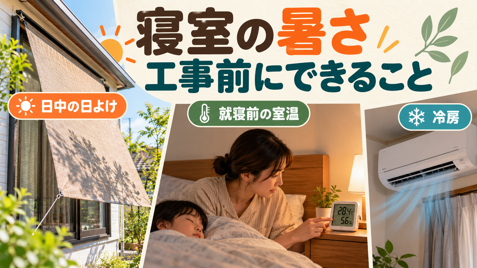 寝室の日よけと就寝前の温湿度、冷房の使い方を確認するイメージ