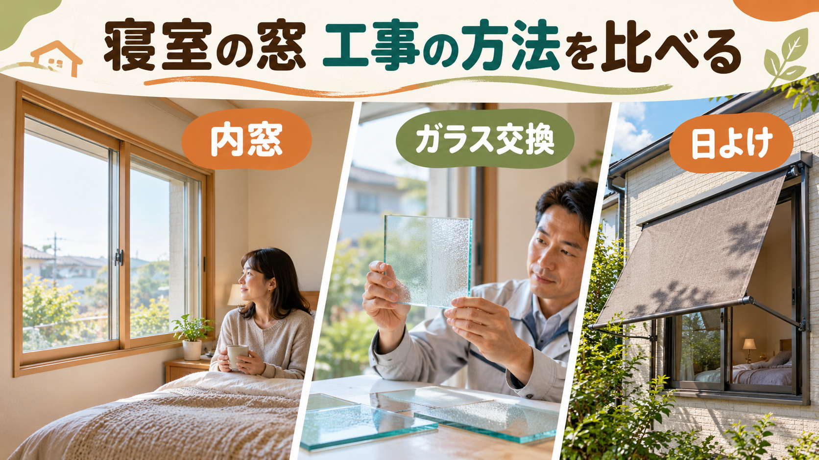 寝室の内窓とガラス交換、外付け日よけを施工スタッフと比較するイメージ