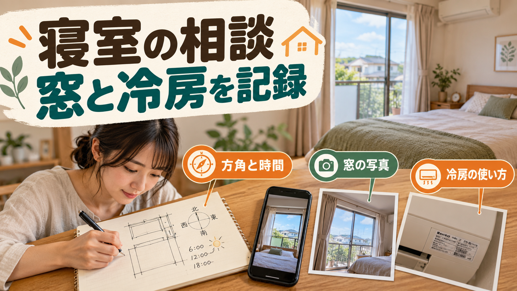寝室の窓と冷房の運転、就寝前の温湿度を相談用に整理するイメージ