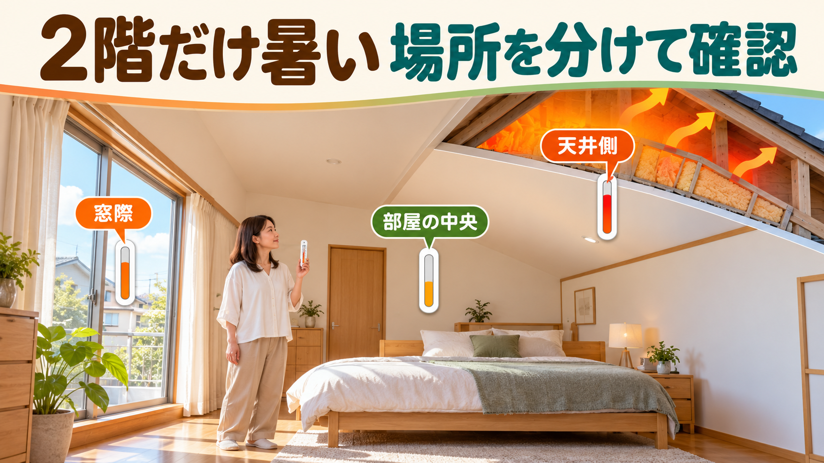 二階の窓際と部屋中央、天井側の暑さを安全な位置から比べるイメージ