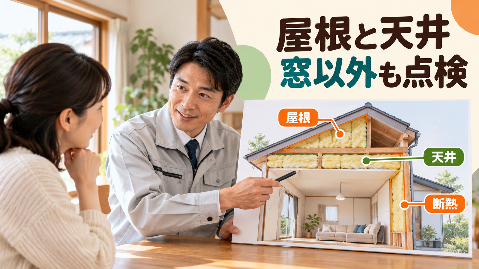 専門スタッフが二階の暑さについて屋根と天井の図面を使い説明するイメージ