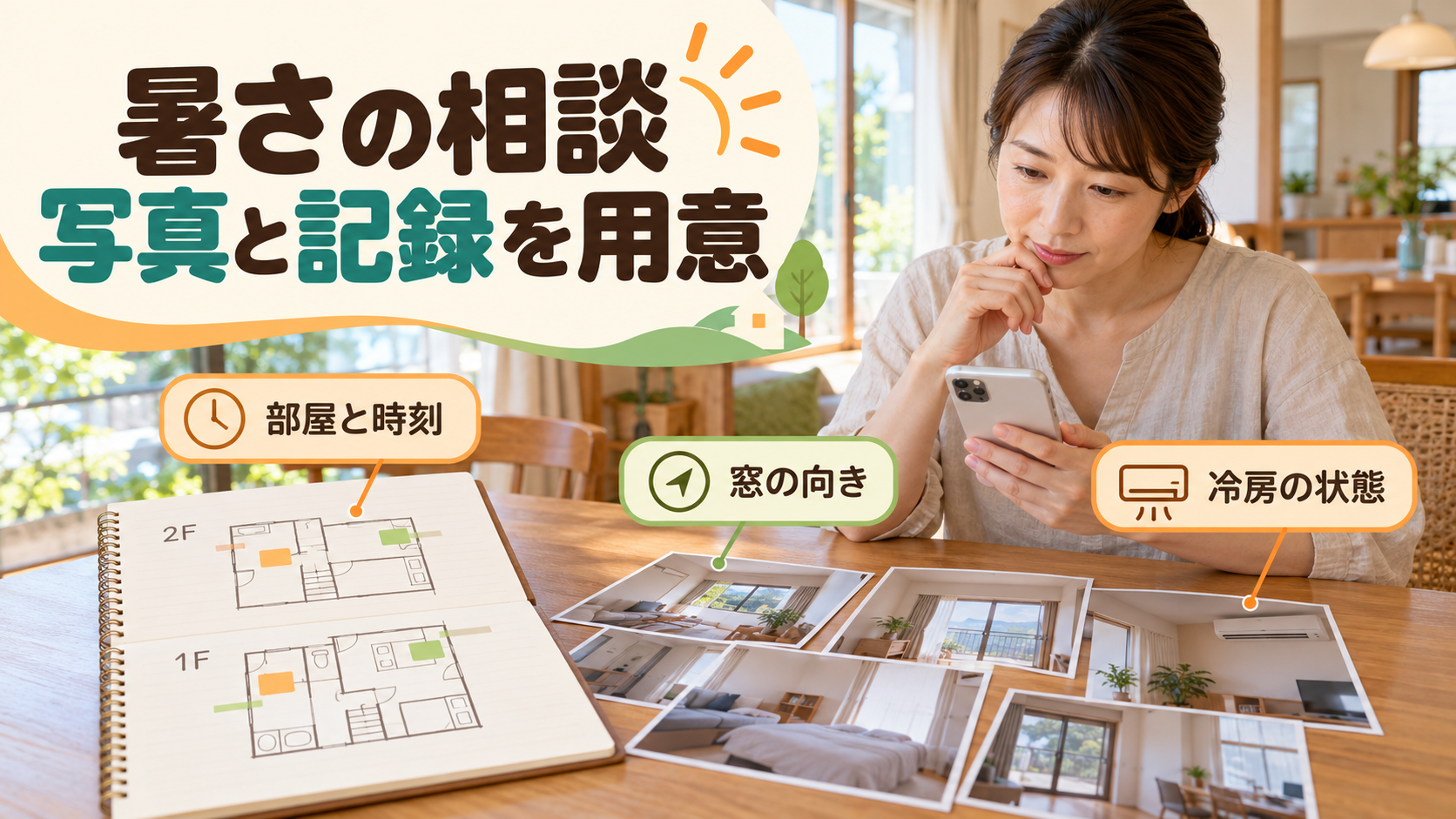 一階と二階の温湿度と窓の向きの記録を相談用にまとめるイメージ