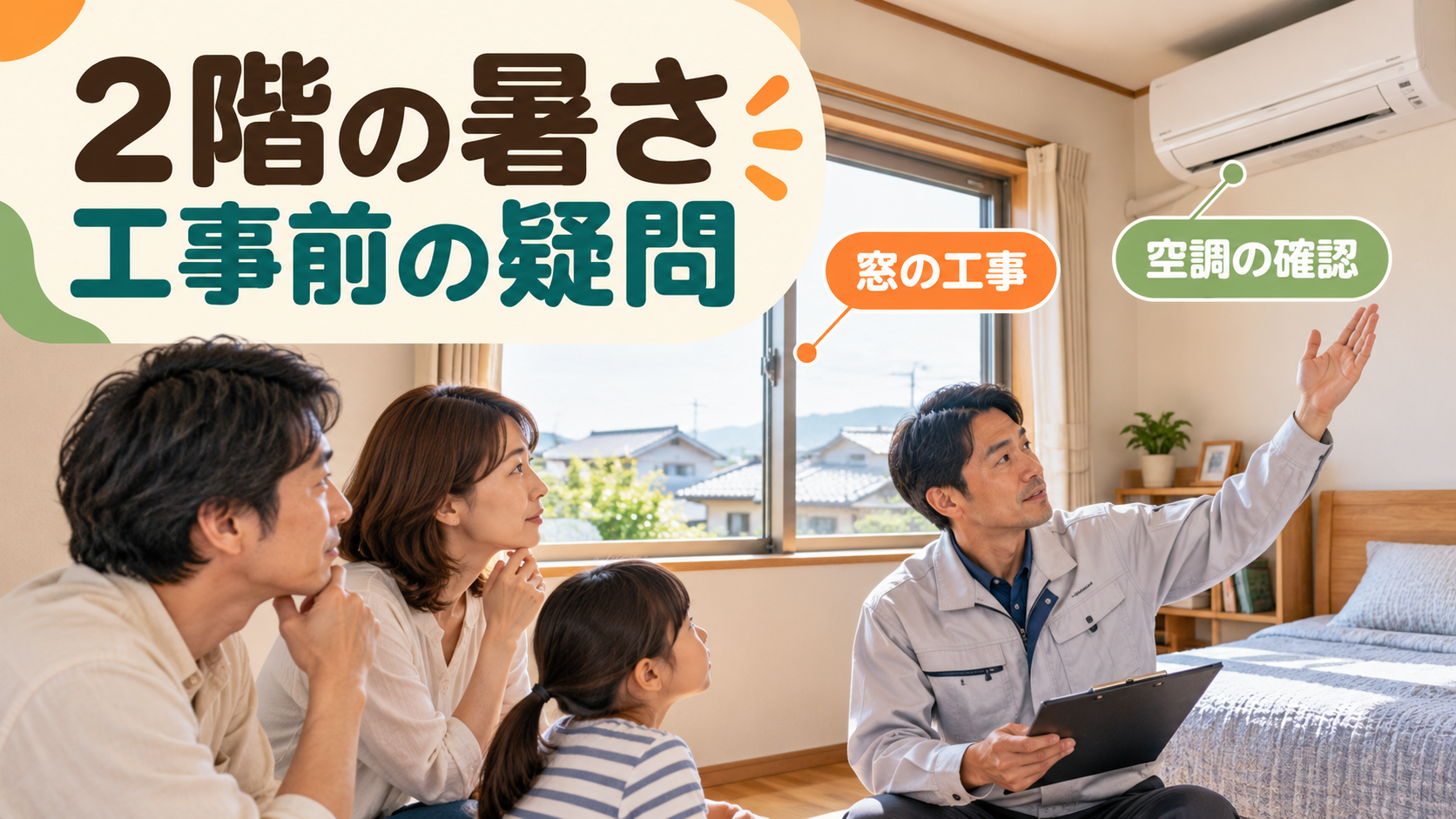 二階の窓と冷房の暑さについて施工スタッフへ質問するイメージ