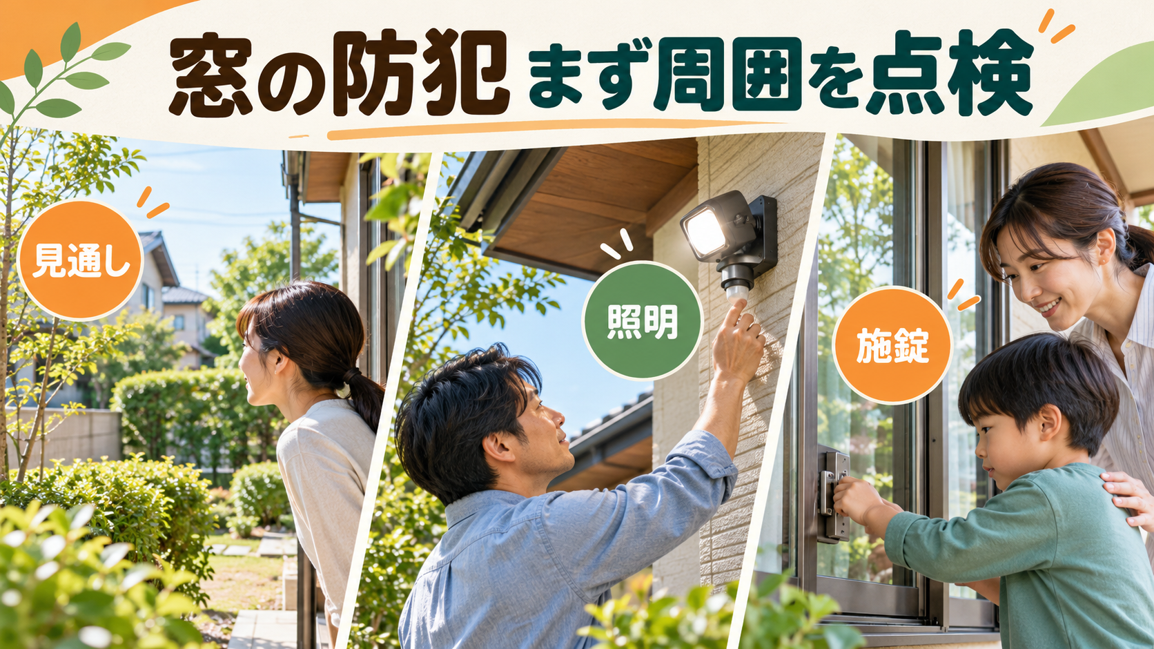 住宅の敷地内で窓の周囲の見通しと照明を家族が安全に確認するイメージ