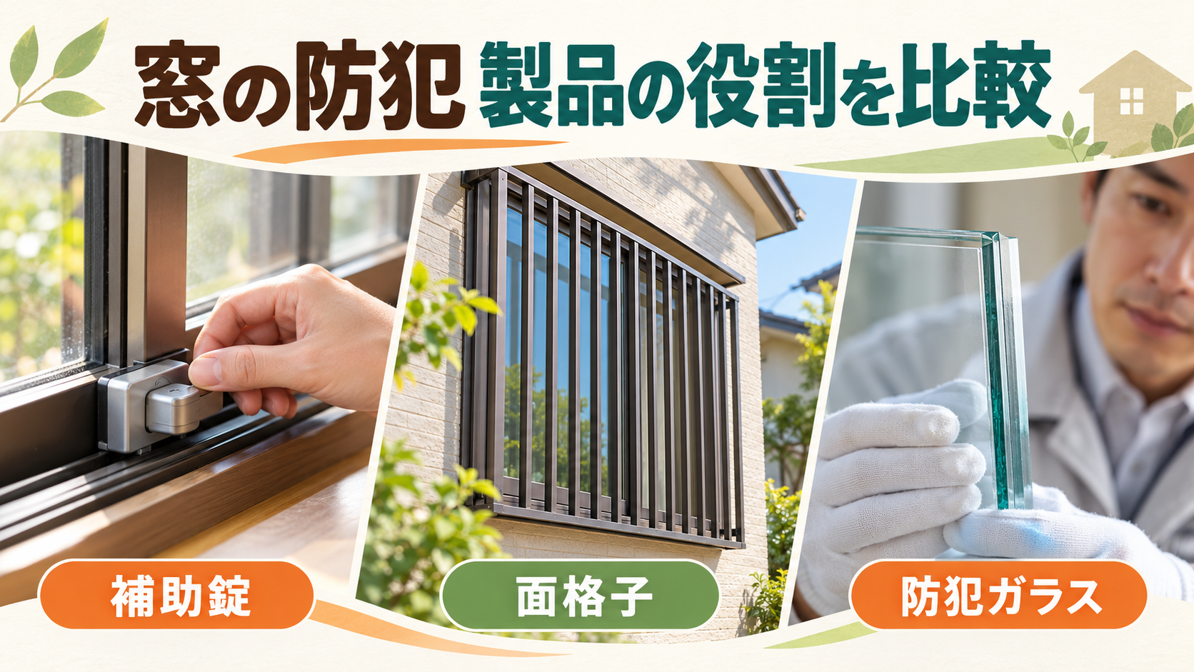 窓の補助錠と面格子、防犯ガラスの役割を施工スタッフと比較するイメージ