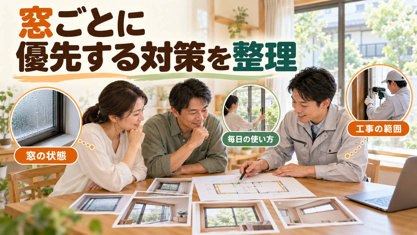 住宅の窓ごとの状態と必要な工事を家族が図面と写真で整理するイメージ