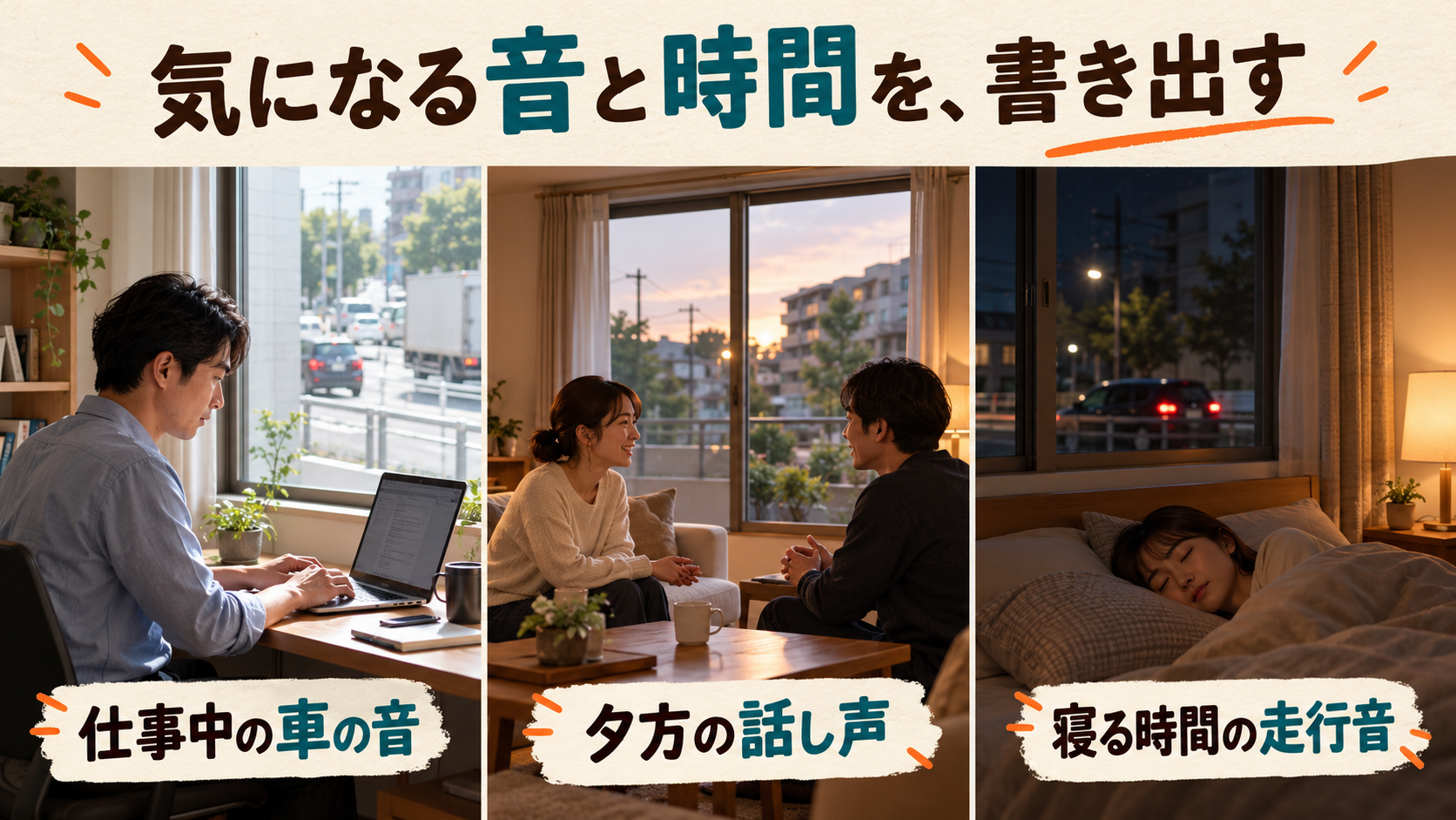 仕事中の車の音、夕方の話し声、寝る時間の走行音を場面別に整理するイメージ