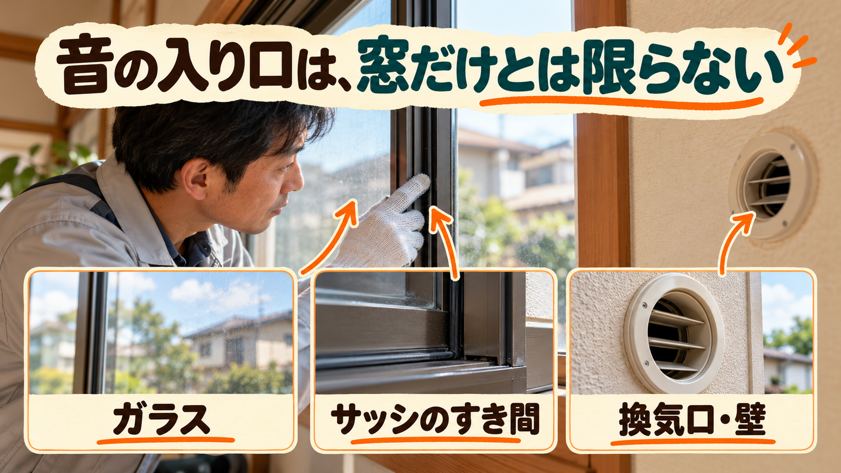 ガラス、サッシのすき間、換気口や壁を分けて音の経路を確認するイメージ