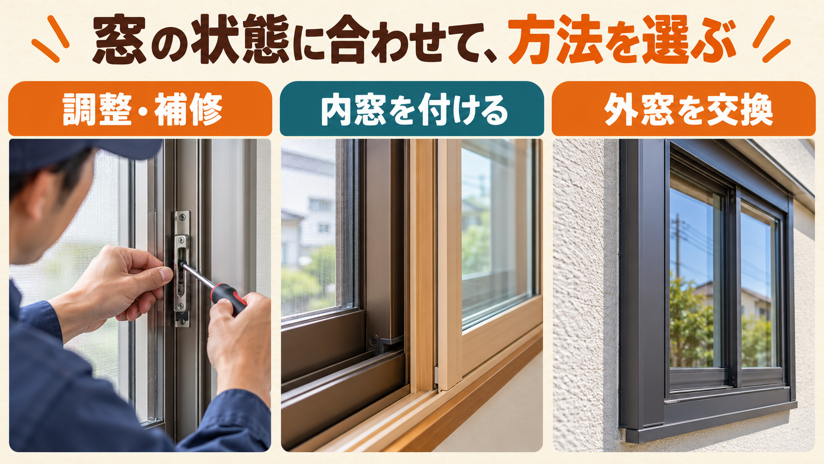 サッシの調整補修、内窓の設置、外窓交換を比較するイメージ