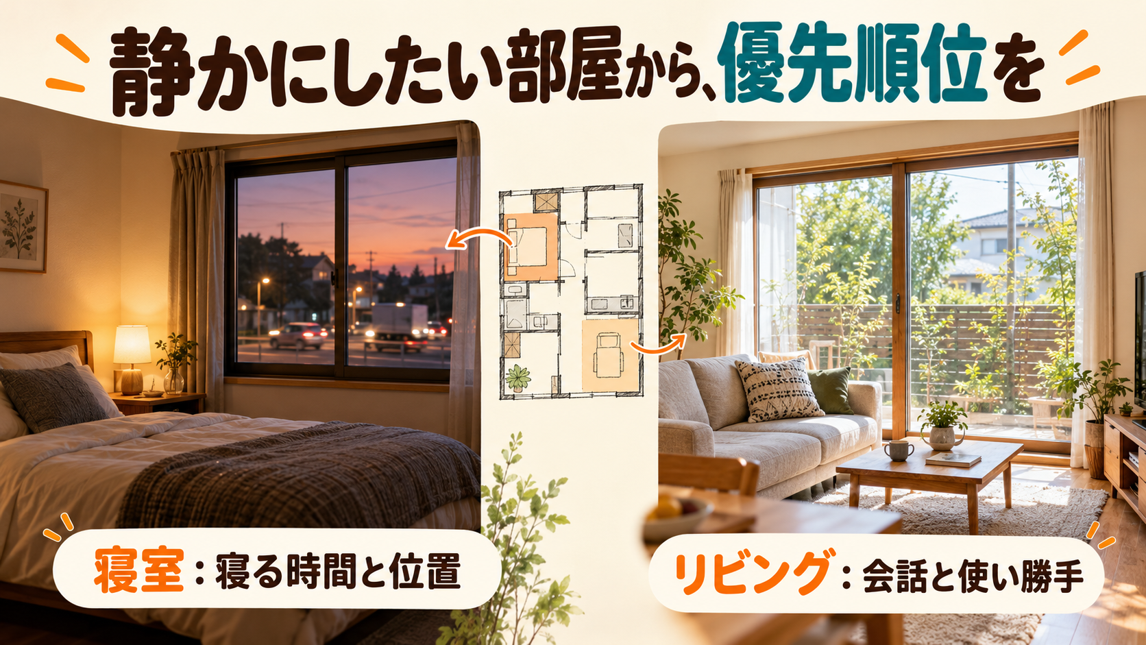 寝室とリビングの使い方を比べ、対策する窓の優先順位を考えるイメージ