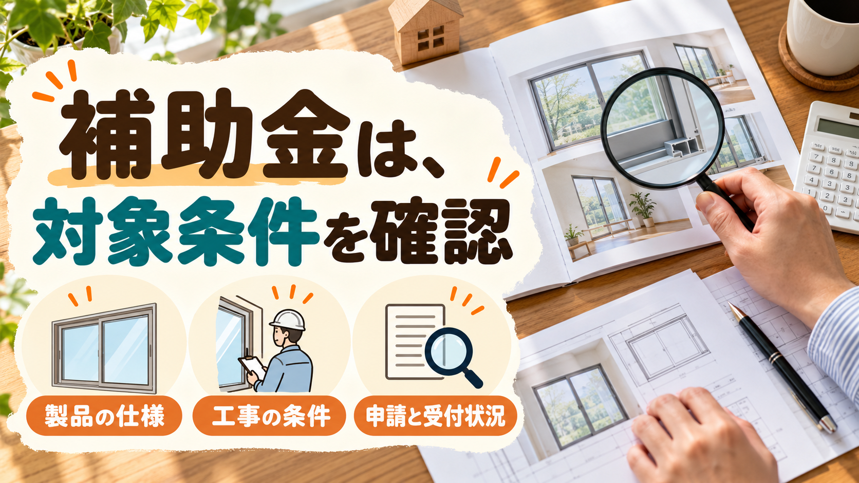 内窓の製品仕様と工事条件、補助金の申請条件を確認するイメージ