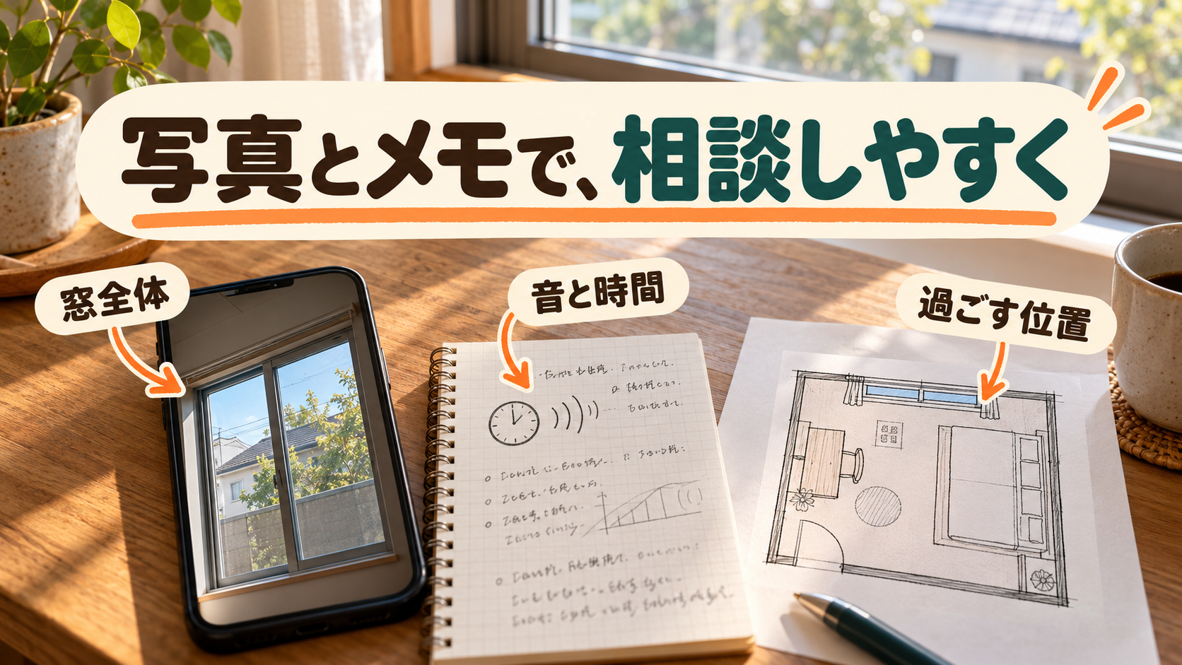 窓全体の写真と音の時間帯のメモ、部屋の配置を用意して相談するイメージ