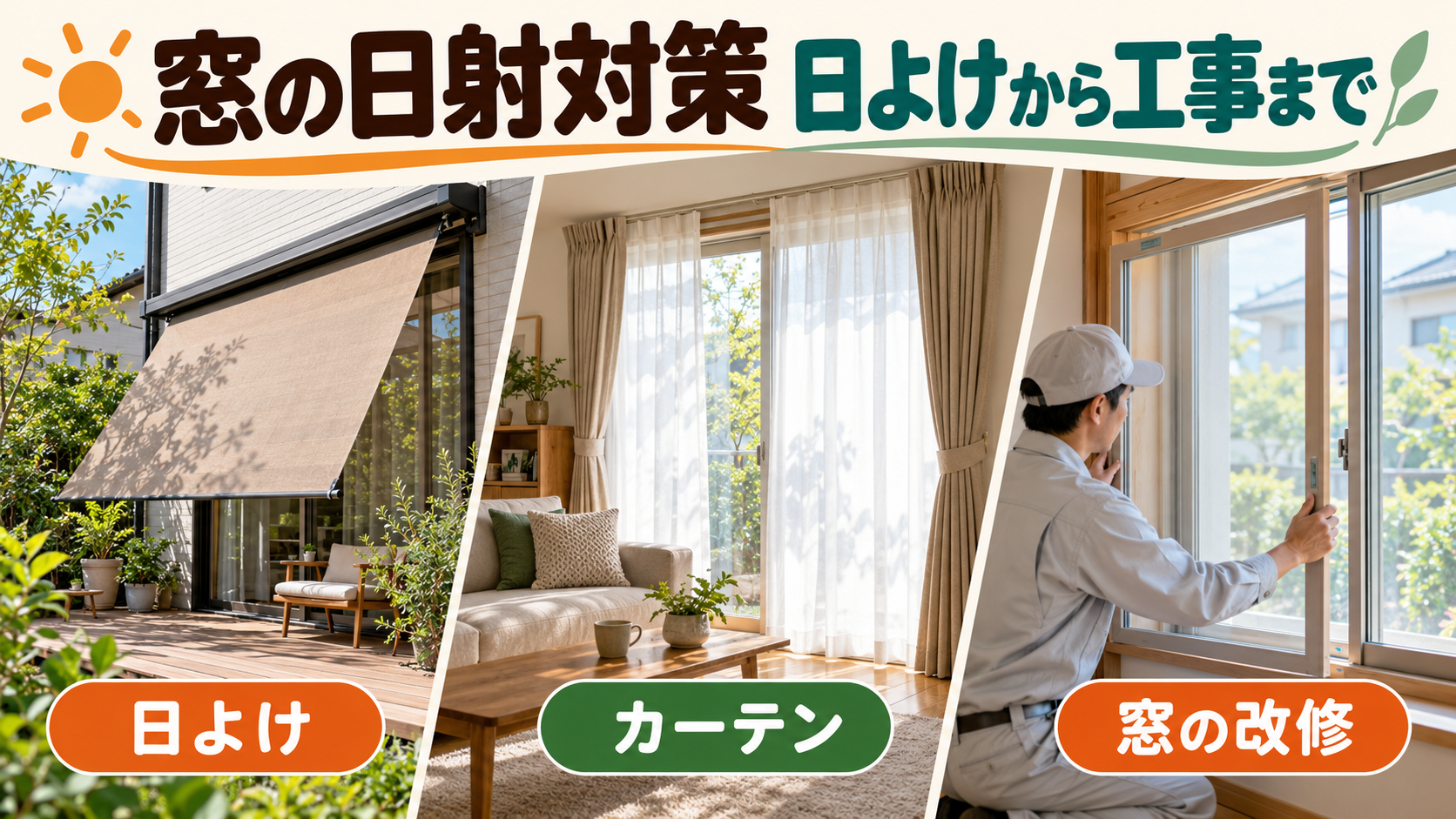 リビングの外付け日よけとカーテン、窓改修の役割を比較するイメージ