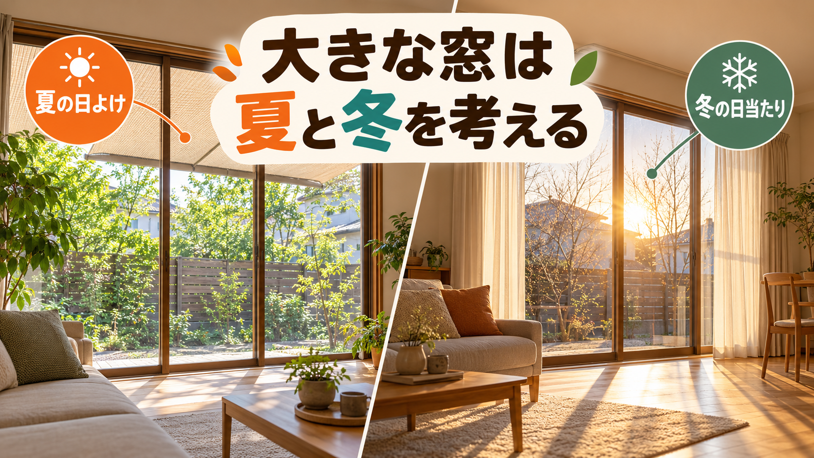 大きなリビング窓の夏の日よけと冬の日当たりを比較するイメージ
