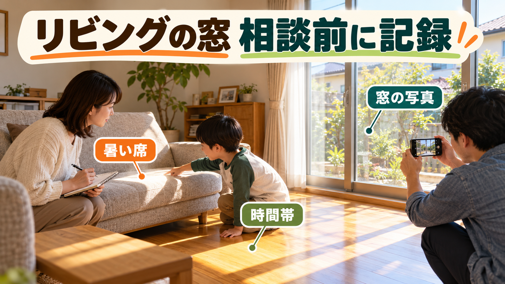リビングで暑くなる席と日差しの時間を写真やメモにまとめるイメージ