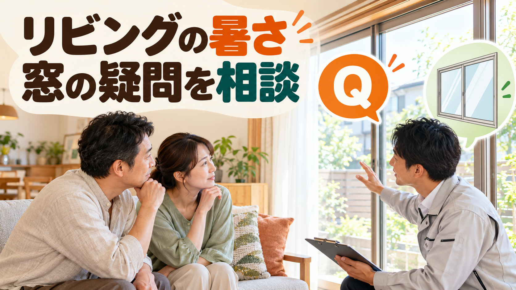 リビングのカーテンや内窓について家族が施工スタッフに相談するイメージ