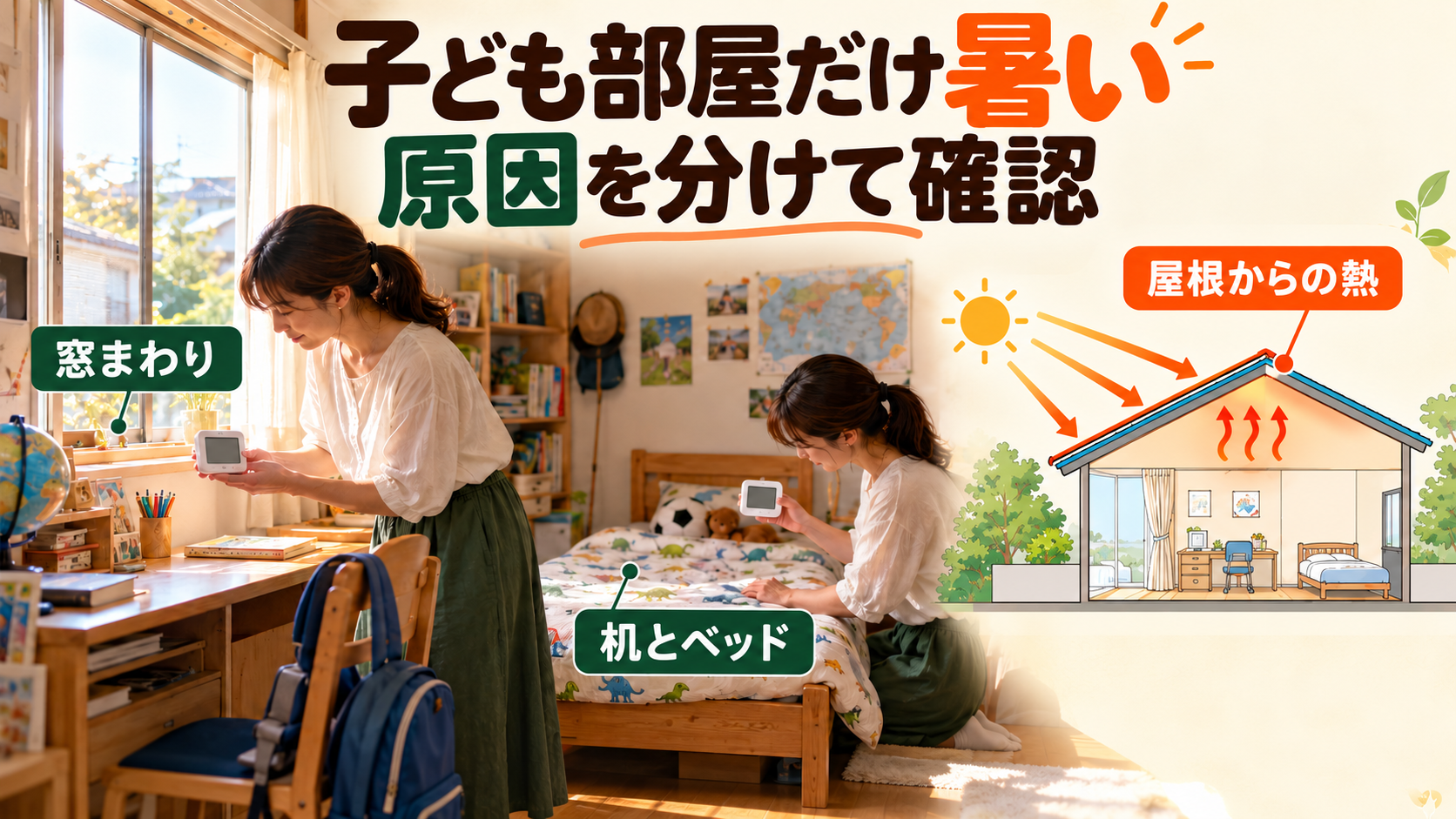 子ども部屋の窓の向きと机やベッド付近の暑さを親子で確認するイメージ