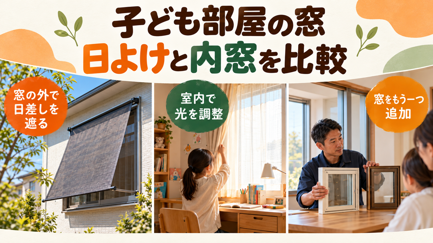 子ども部屋の外付け日よけとカーテン、内窓の役割を比較するイメージ