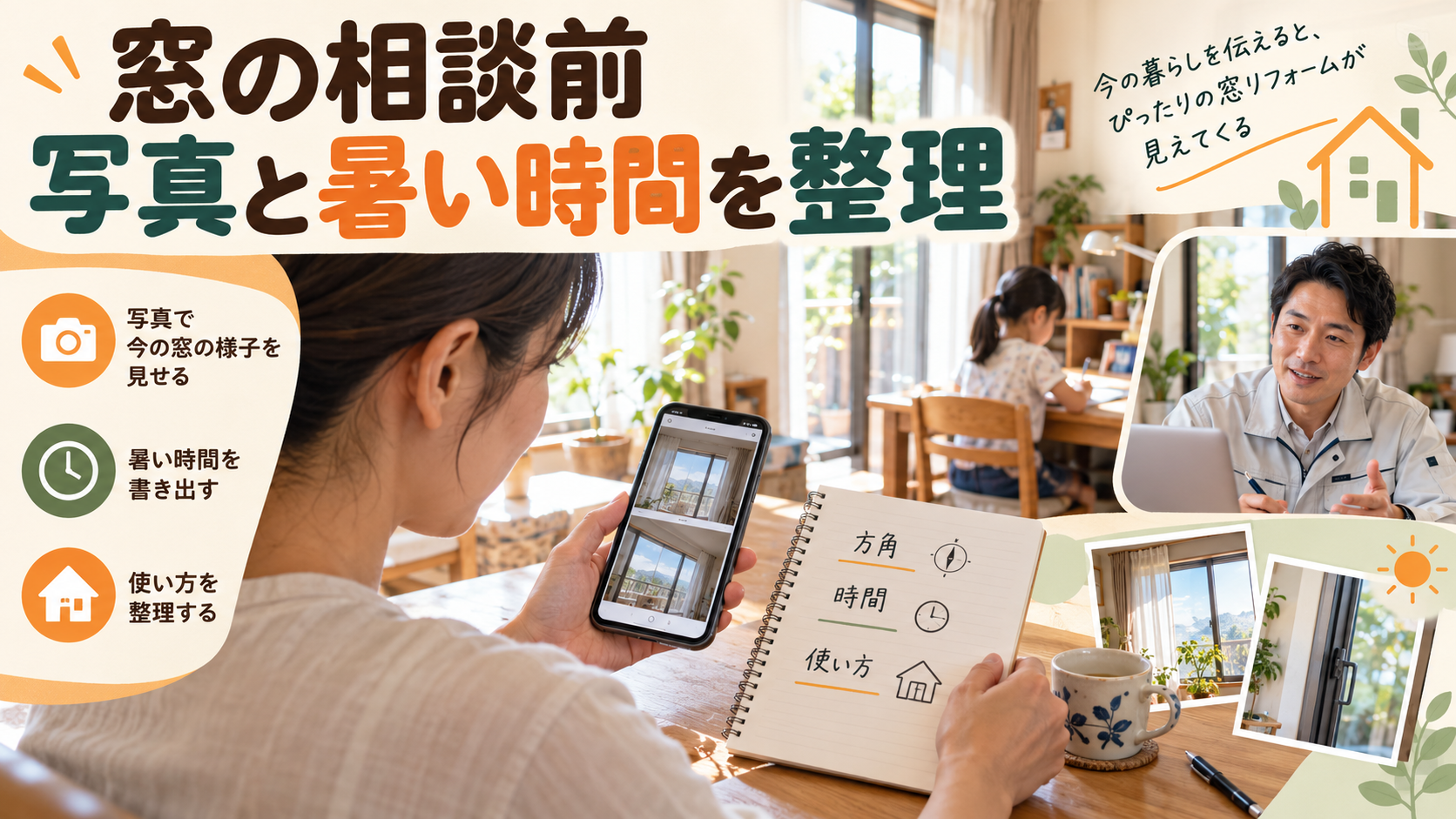 子ども部屋の窓写真と暑くなる時間を家族が相談用に整理するイメージ