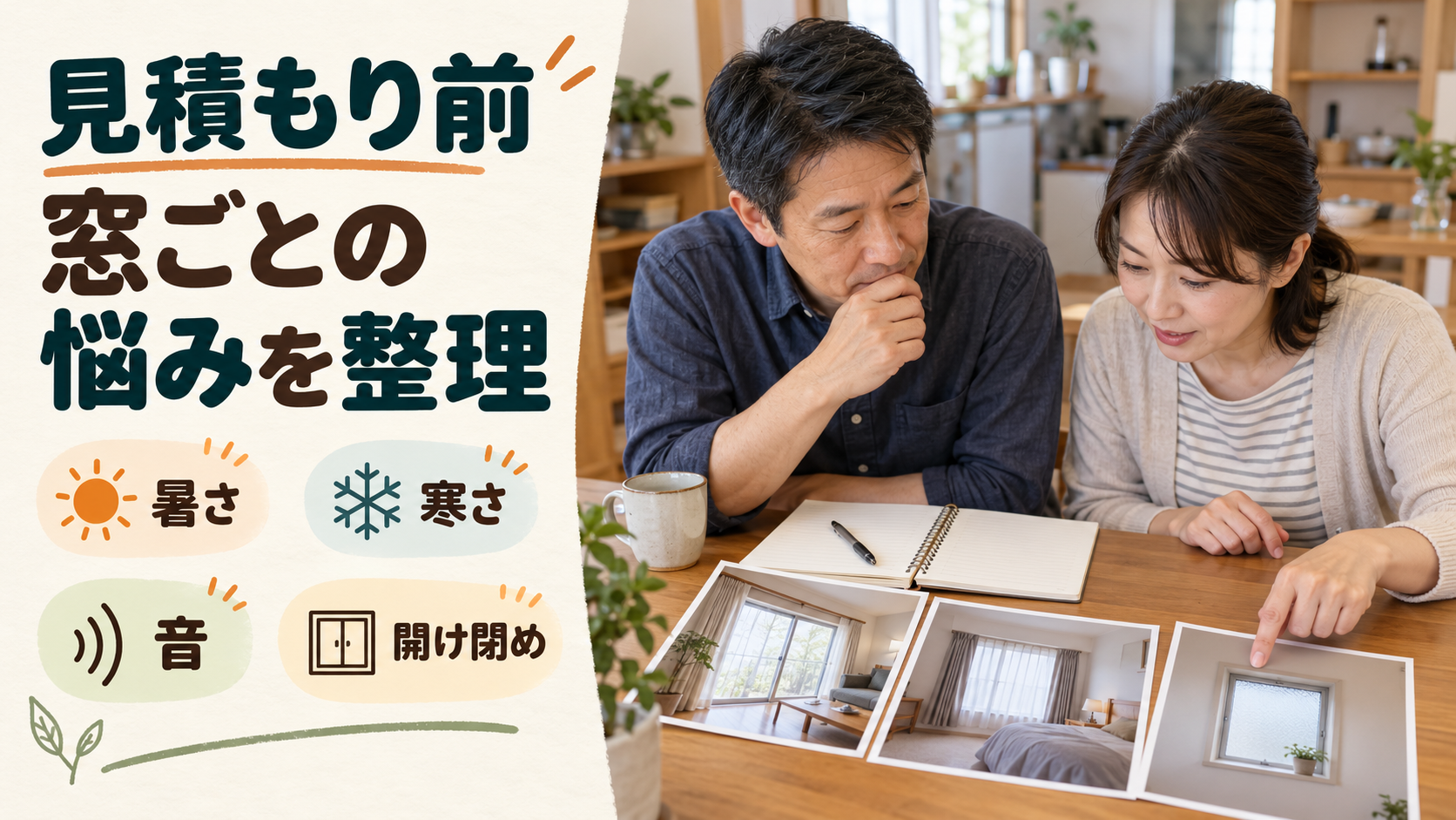 見積もり前に窓ごとの暑さ、寒さ、音や開閉の悩みを整理するイメージ