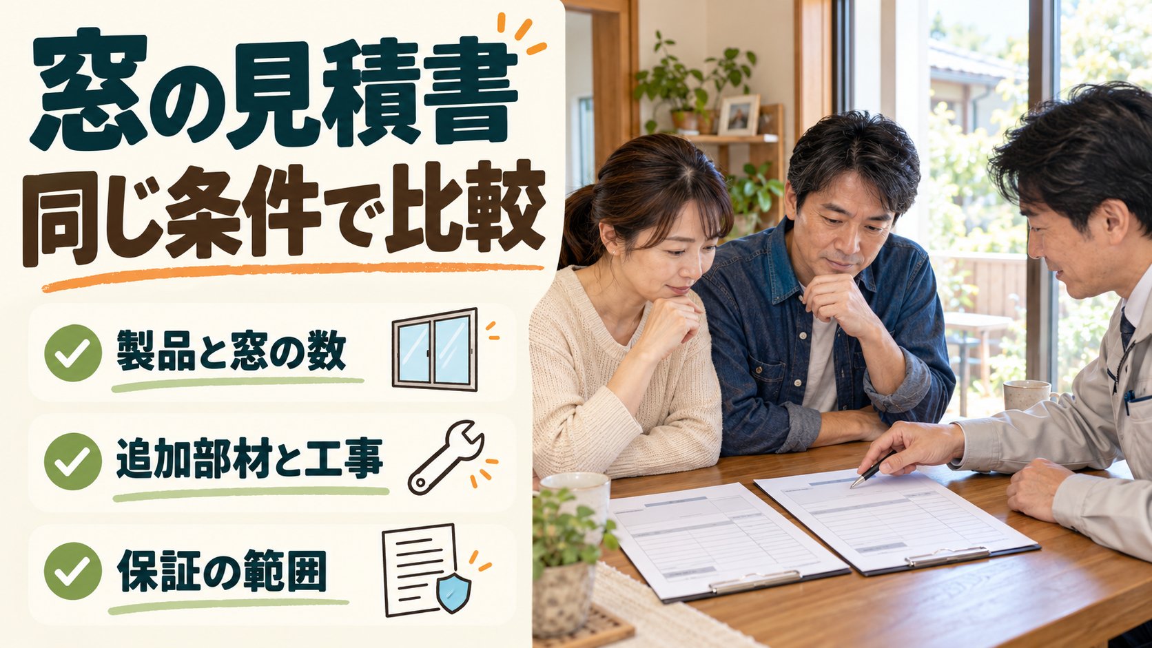 窓リフォームの見積書で製品、窓数、工事範囲と保証を比較するイメージ