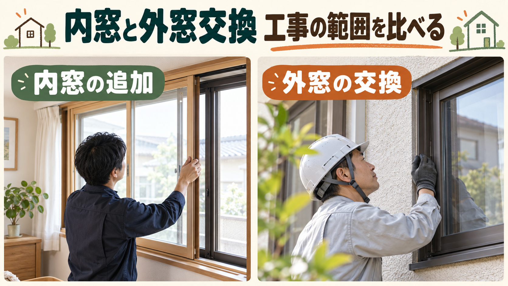 内窓と外窓交換の施工範囲や使い勝手を比較するイメージ