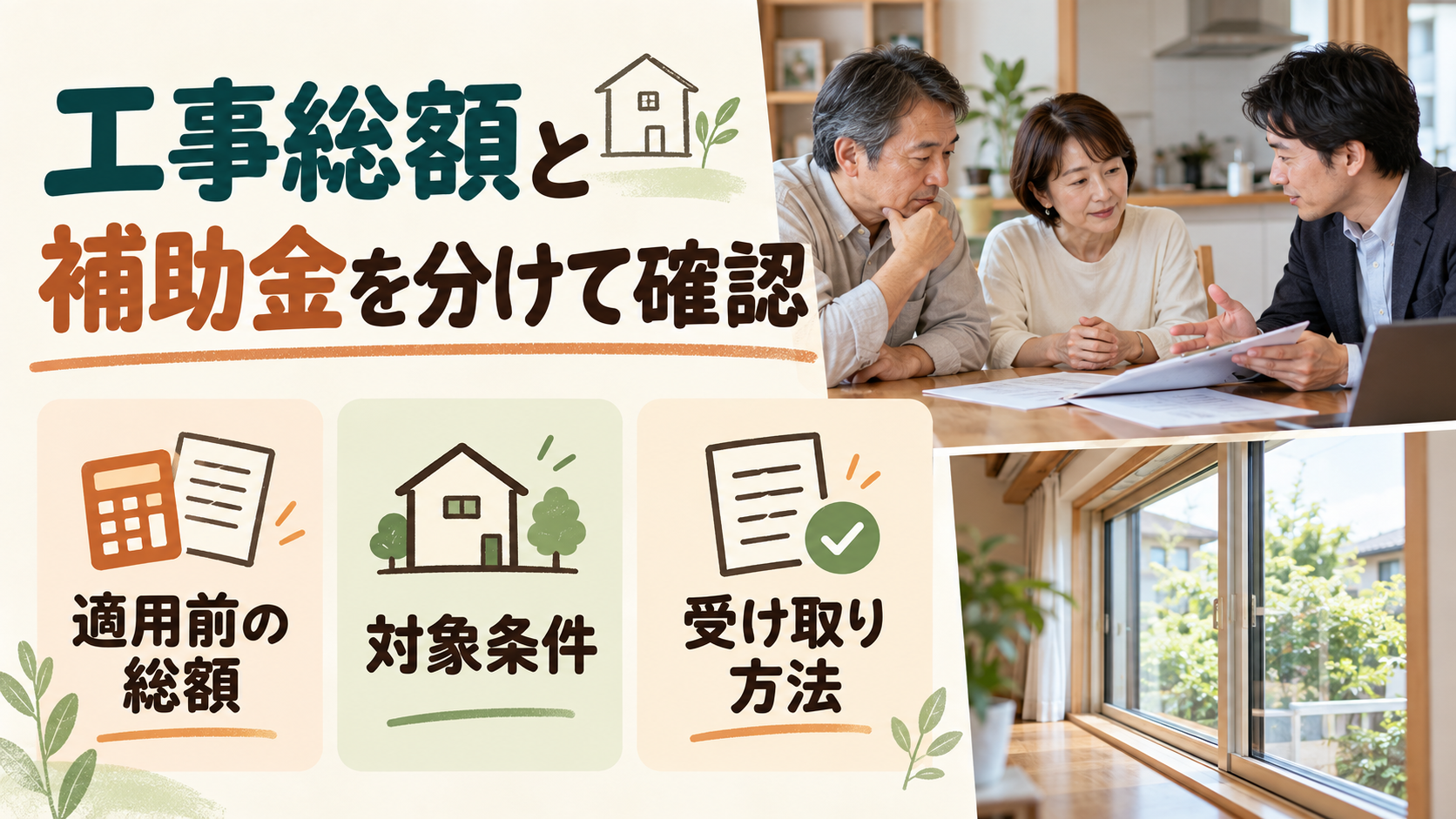 窓工事の総額と補助額、申請条件を分けて確認するイメージ