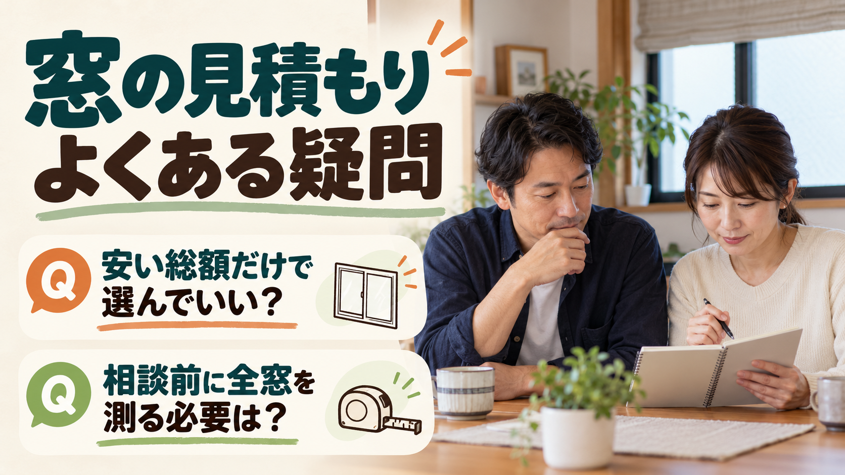 窓の見積もり比較と採寸の準備について疑問を確認するイメージ