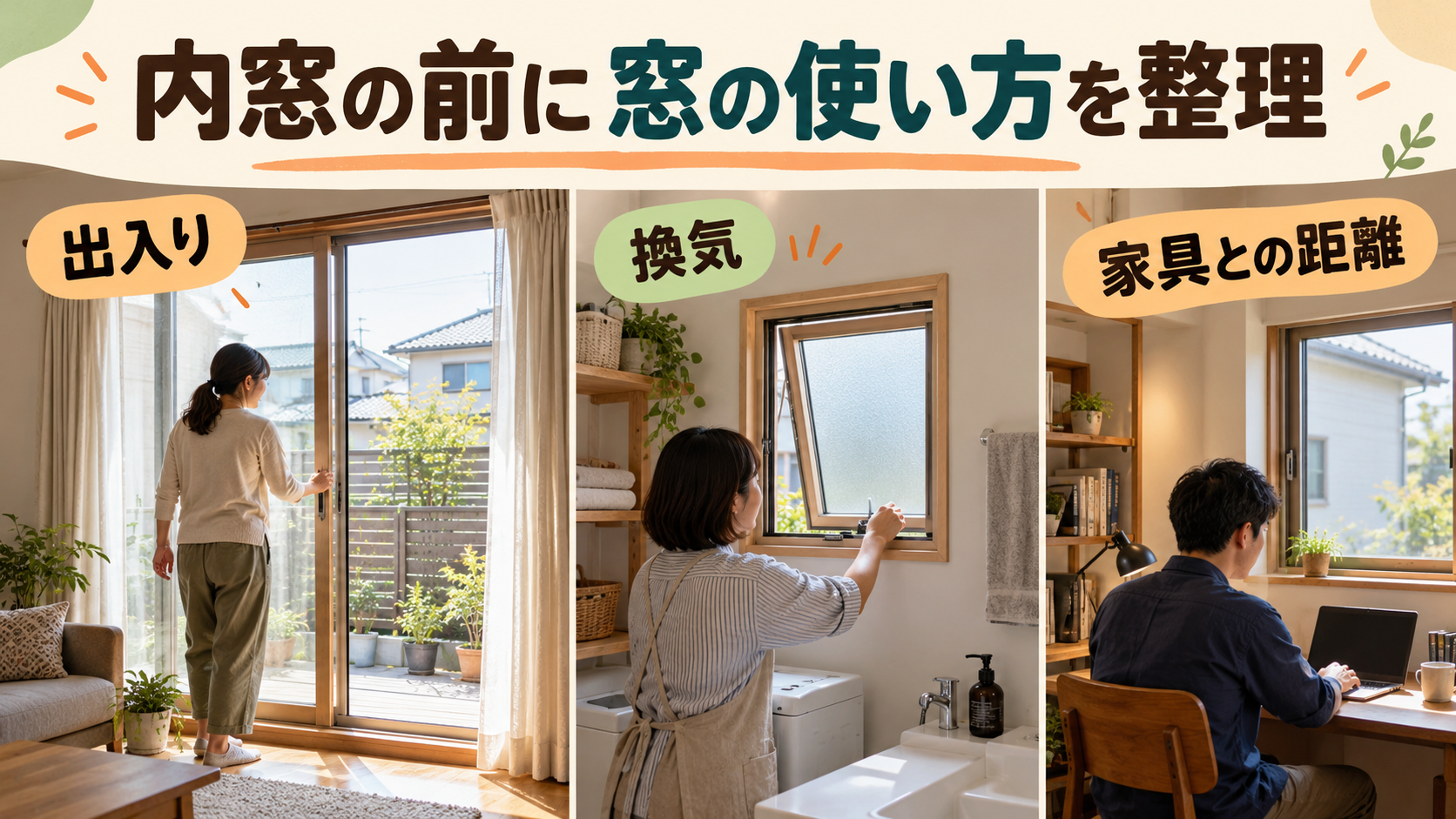 内窓を検討する前に庭への出入りや換気など窓ごとの使い方を確認するイメージ