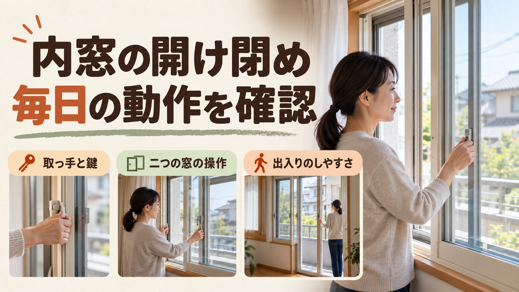 内窓と外窓をそれぞれ開け閉めして鍵や取っ手の使いやすさを確認するイメージ