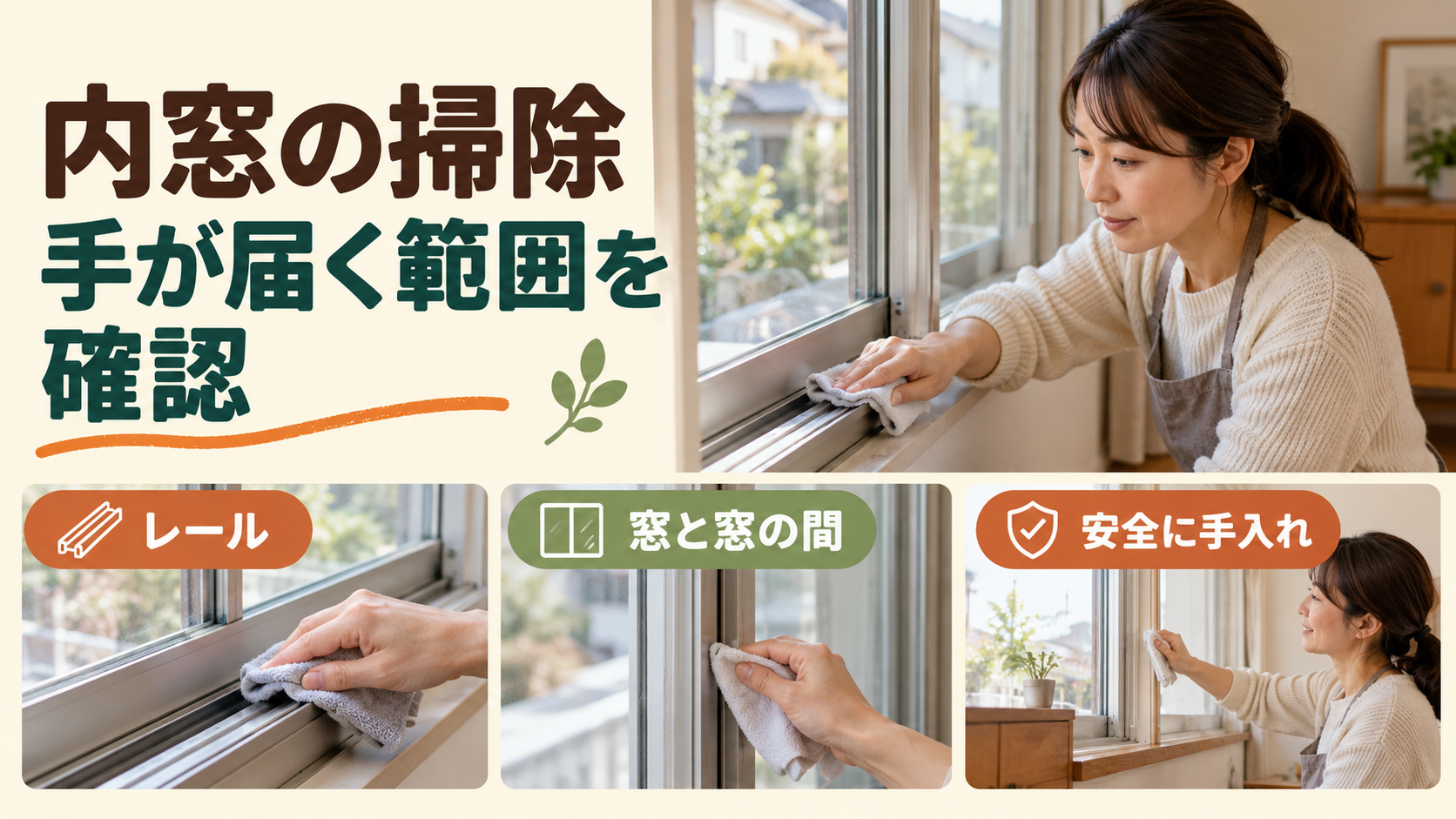内窓と外窓の間やレールを無理なく掃除できるか確認するイメージ