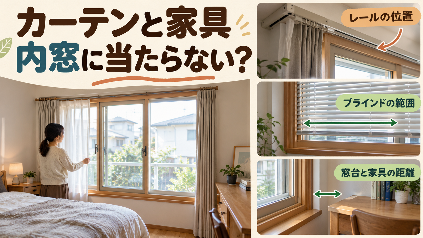 内窓の追加枠とカーテンレール、ブラインド、家具との距離を確認するイメージ