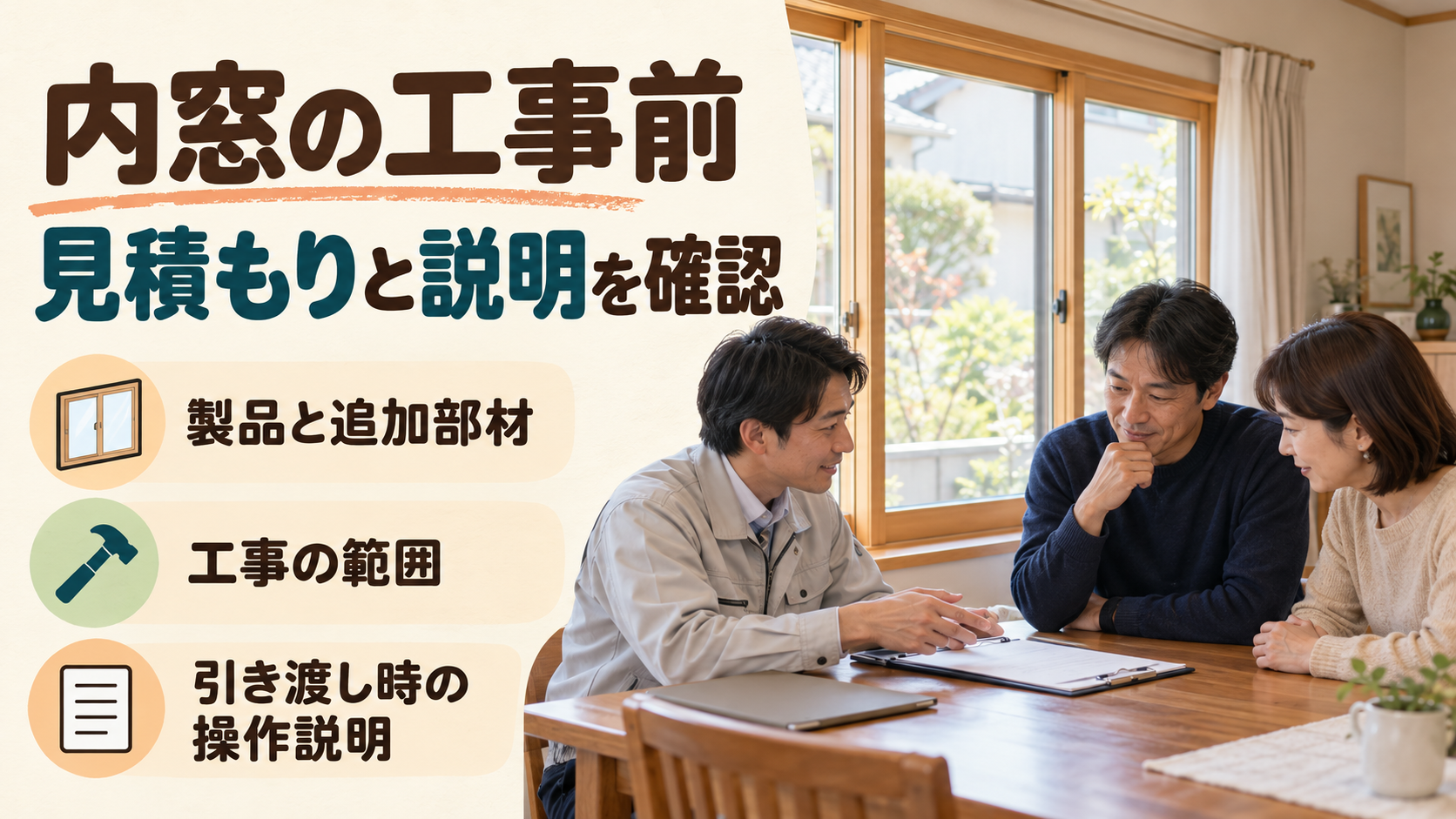 内窓の見積もり内容と引き渡し時の操作説明を施工店へ確認するイメージ